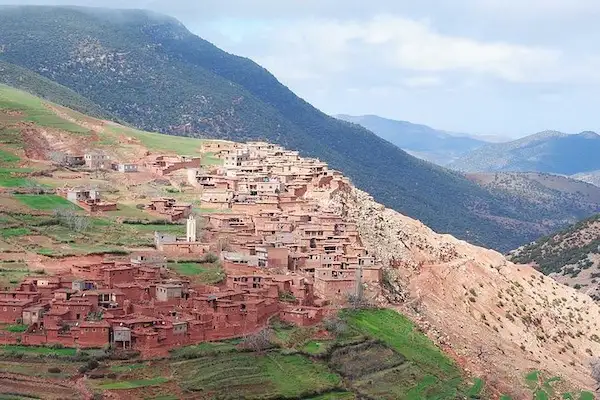 Stunning landscape of the three valleys in Atlas Mountains with river and villages